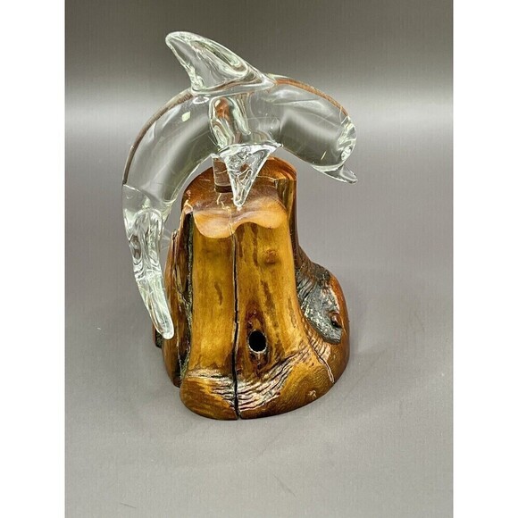 Vtg Clear Glass Dolphin Figurine On Wood Base 4" Hx 2.5" L - Picture 6 of 7